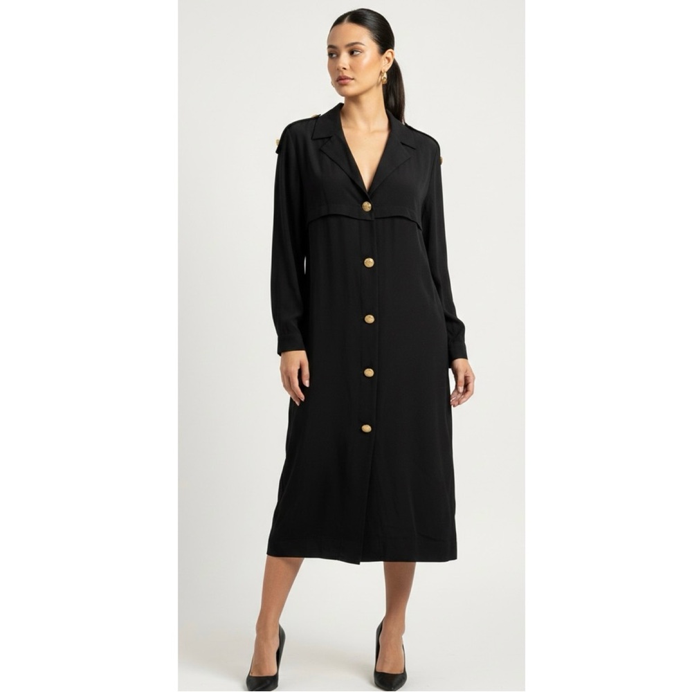 Vintage David Warren Black Shirt Dress Gold Buttons 80s 90s Made in Korea